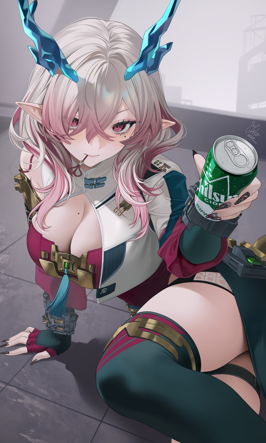 1girl absurdres arknights arknights  endfield arm support black skirt black thighhighs blue horns breasts can cleavage commentary cropped jacket drag…