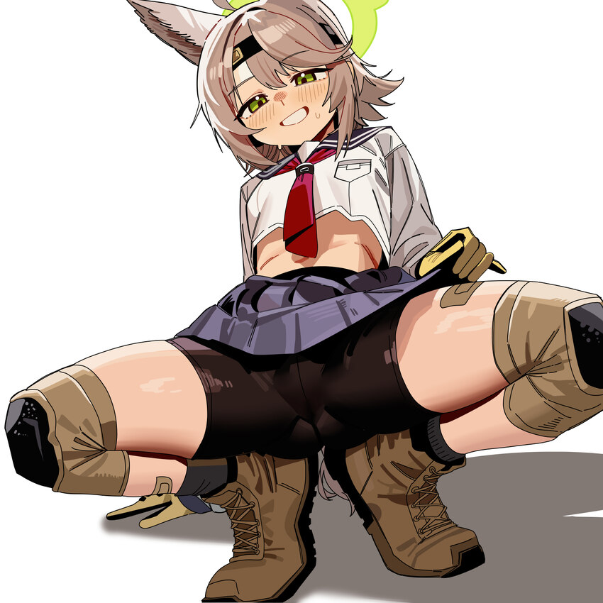 1girl absurdres animal ears arm support bike shorts blue archive blue skirt brown gloves brown hair clothes lift commentary request fox ears gloves g…