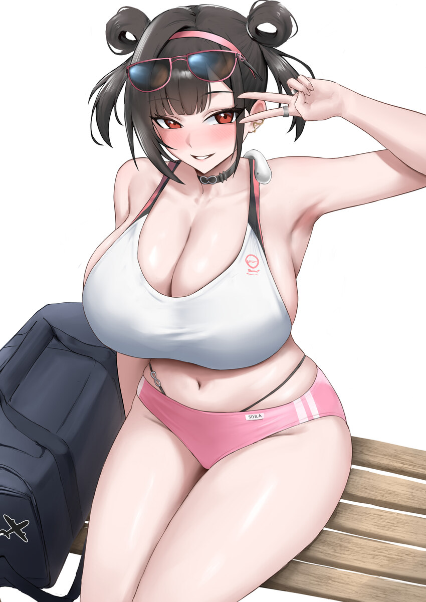 1girl absurdres alternate breast size (larger) armpits bag black hair breasts buruma cleavage commentary erorange goddess of victory  nikke hairband …