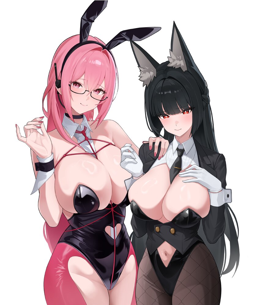 2girls absurdres ade (agent bunny) (nikke) ade (nikke) ade (nikke) (cosplay) alternate costume animal ear hairband animal ears black choker black hai…