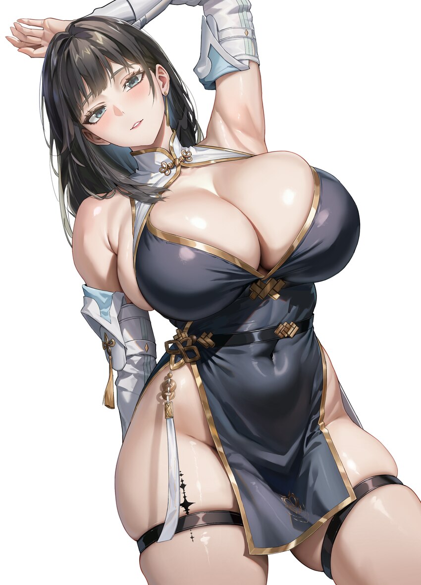 1girl absurdres alternate breast size (larger) arm behind back arm up armpit crease armpits ayres (ayresm) baizhi (wuthering waves) bare shoulders bl…