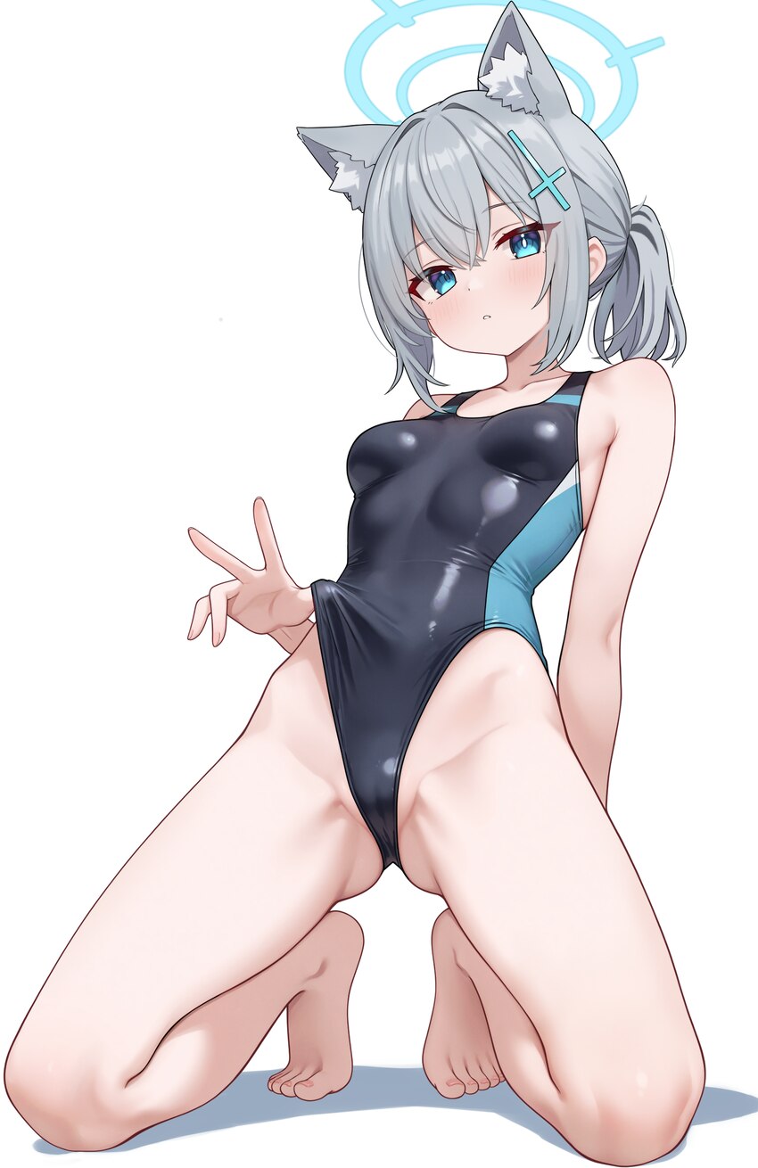 1girl absurdres animal ear fluff animal ears ass visible through thighs barefoot black one-piece swimsuit blue archive blue eyes blue halo blush brea…