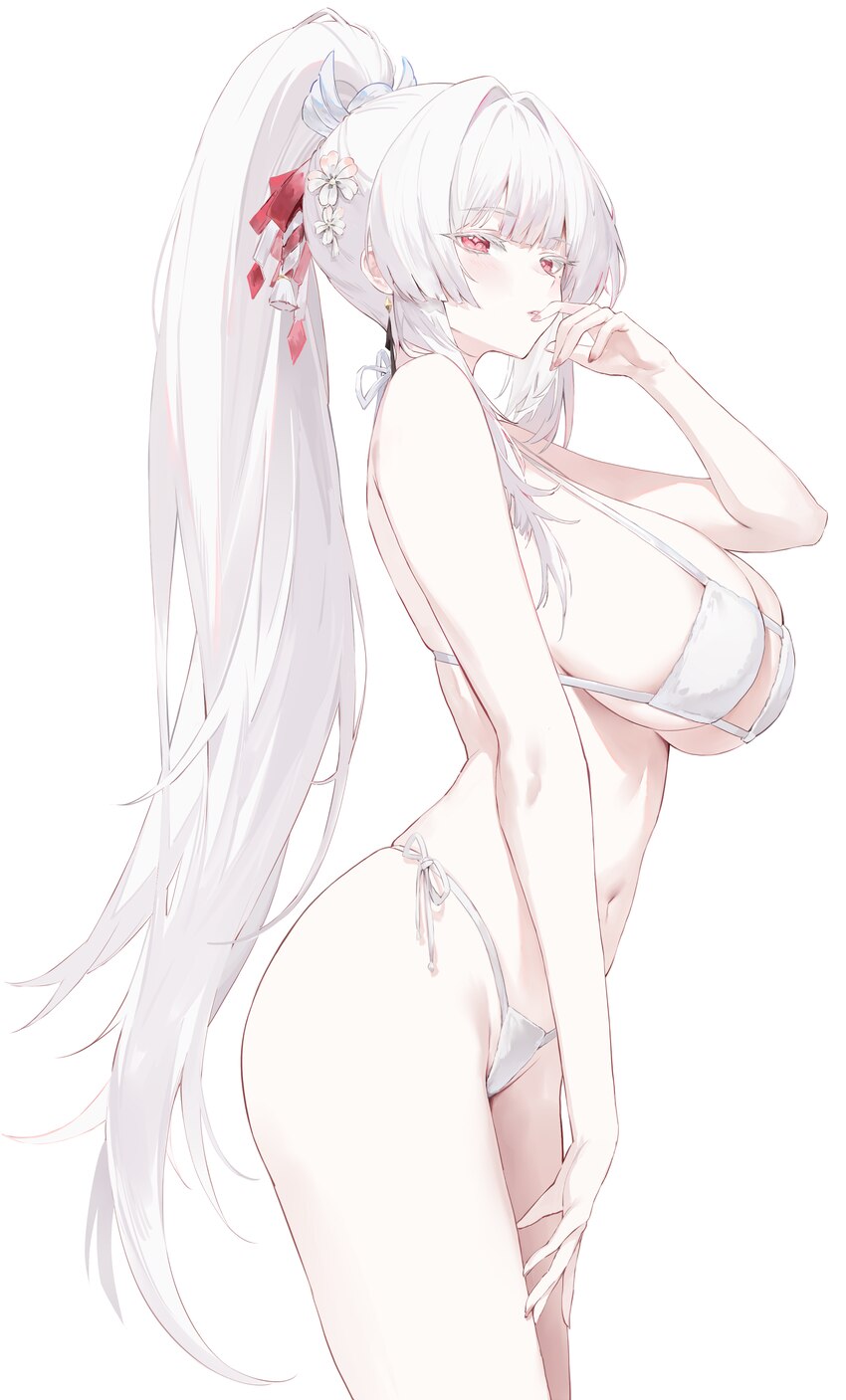1girl absurdres alternate costume bare arms bare shoulders bikini blush breasts colored eyelashes commentary from side hand up highres hiyuki (wuther…