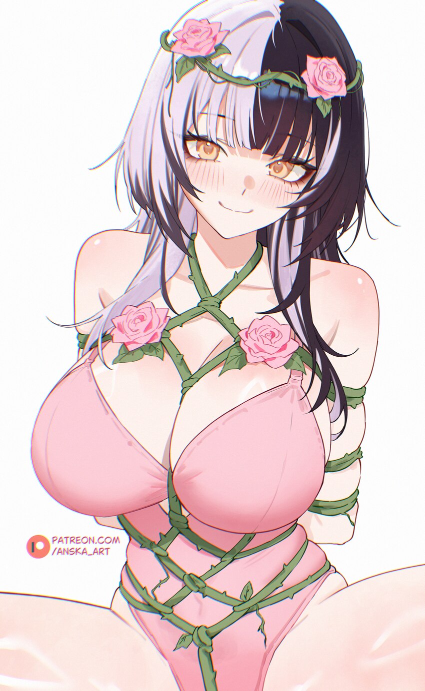 1girl absurdres anska arms behind back black hair blunt bangs breasts cleavage closed mouth commentary covered navel flower grey hair hair vines high…