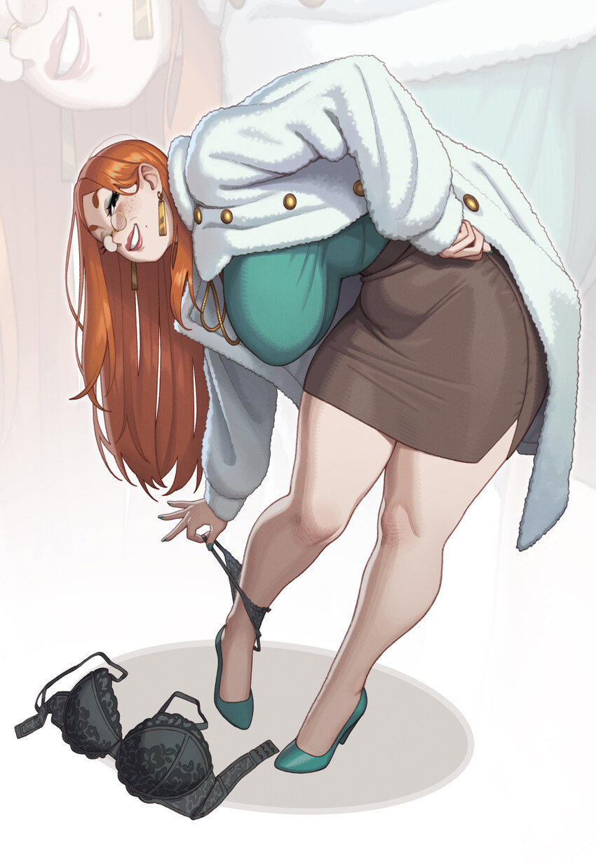 1girl absurdres anne (riz) bra breasts coat commentary earrings english commentary eyeshadow freckles fur coat glasses grey bra grey panties hanging …