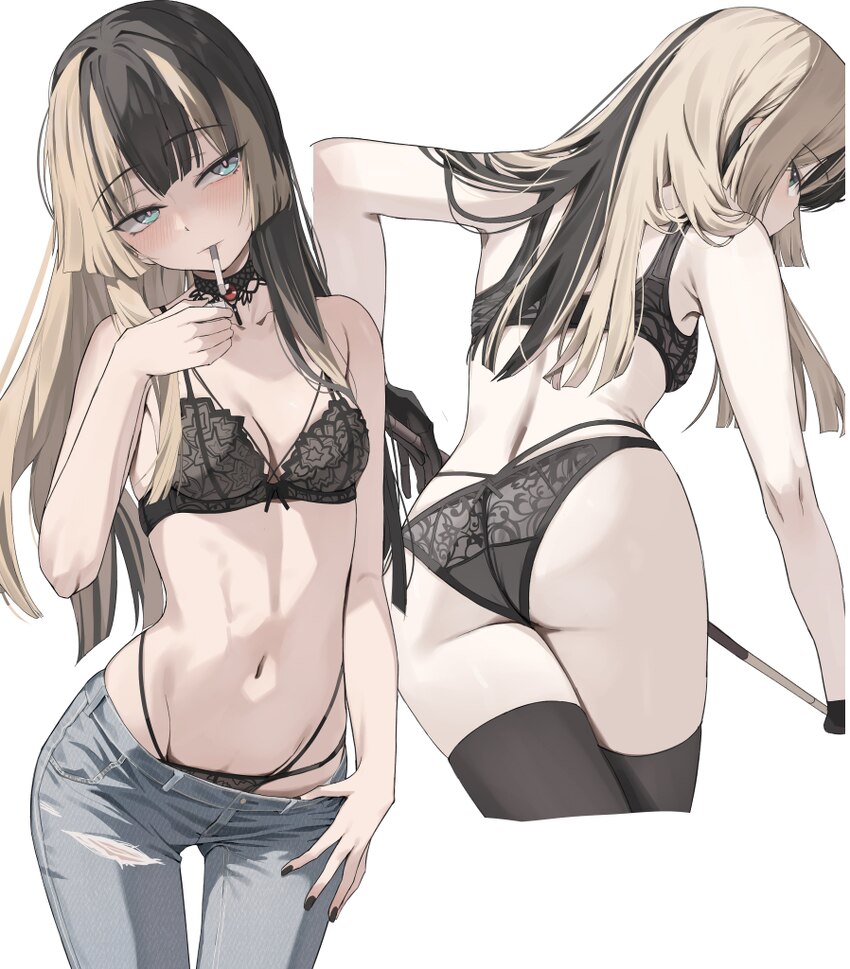 1girl   absurdres alt text ass black bra black hair black nails black panties black thighhighs blonde hair blue pants blush bow bow bra bra breasts c…