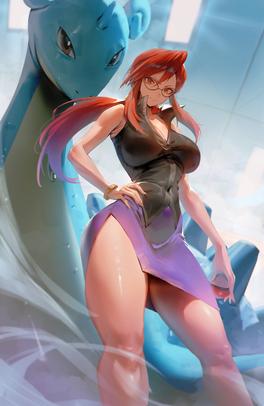 1girl absurdres bare arms bare shoulders black shirt bracelet breasts cleavage closed mouth commentary contrapposto from below glasses hand on own hi…