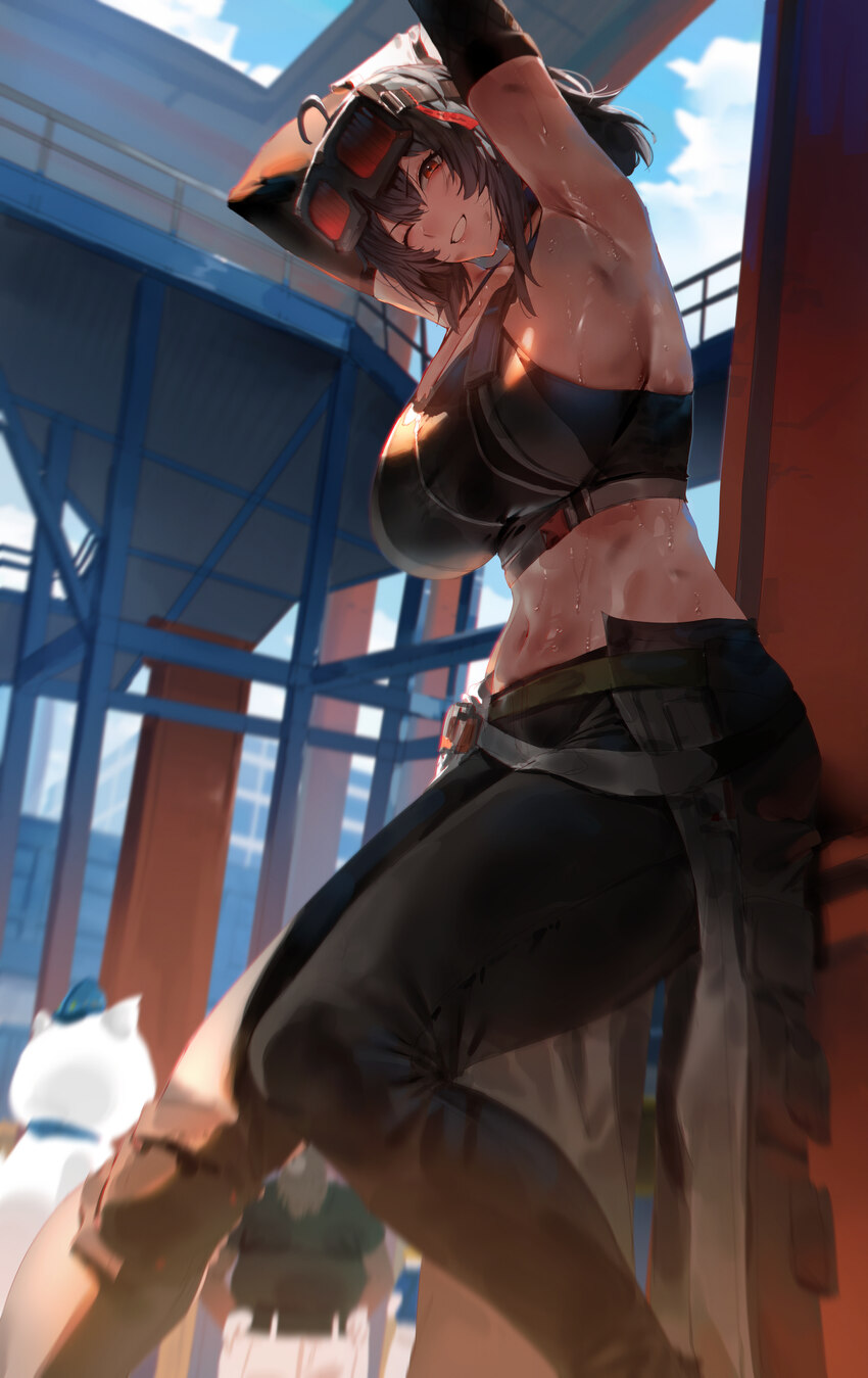 1girl absurdres armpits arms up bare shoulders black hair black pants blush breasts commentary crop top day eyewear on head feet out of frame grace h…