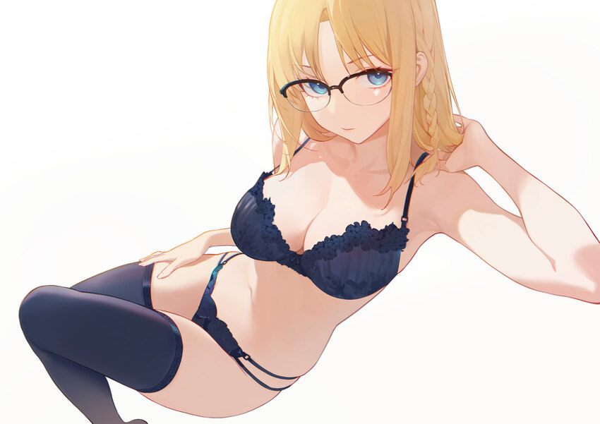 1girl absurdres between legs black bra black panties black thighhighs blonde hair blue eyes bra braid breasts cleavage commentary fate/strange fake f…