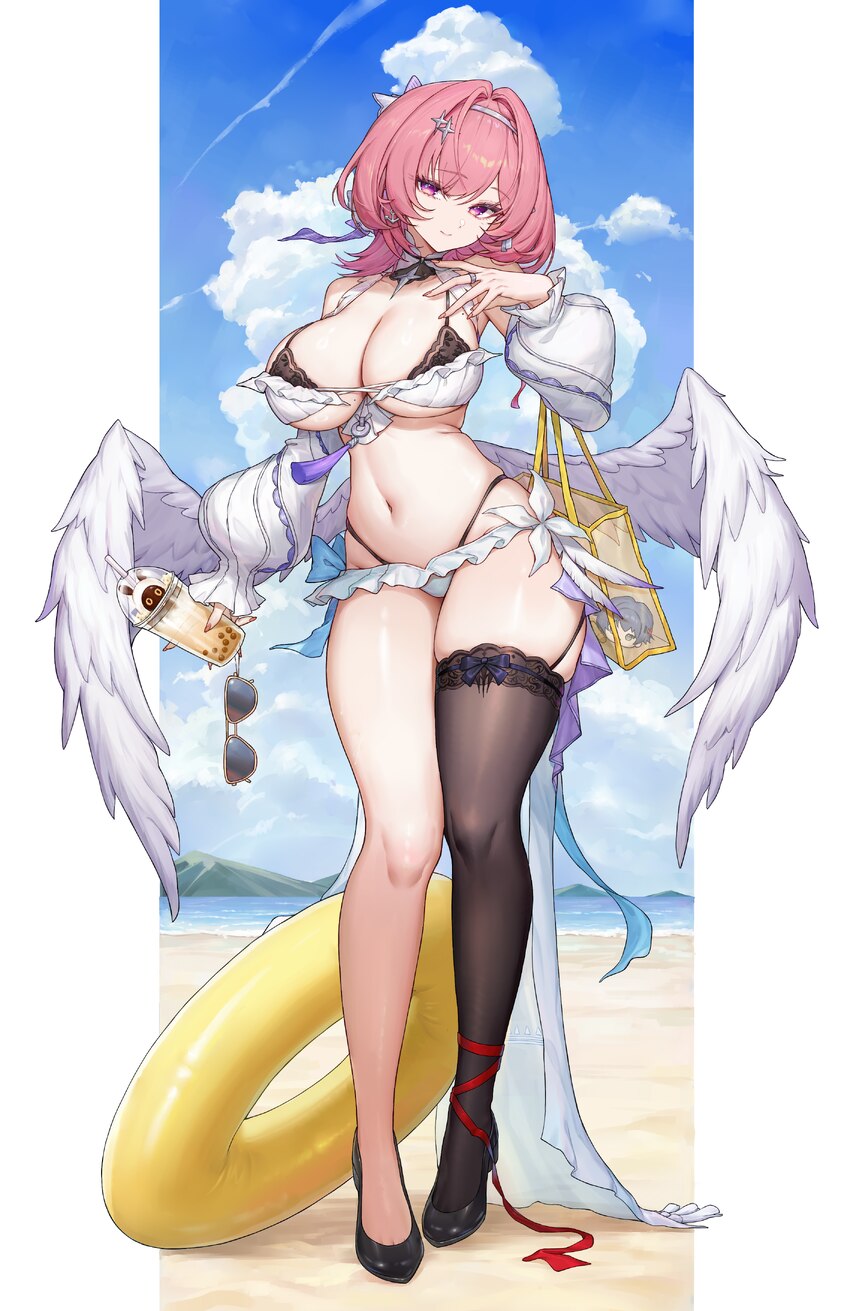 1girl absurdres alternate costume belle (zenless zone zero) bikini black thighhighs blue sky breasts bubble tea chinese commentary cleavage closed mo…