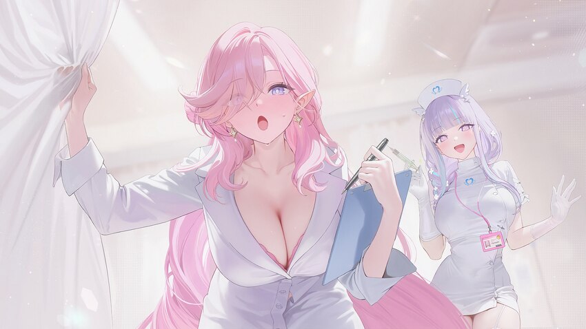 2girls azur lane blush breasts cardiogram cleavage clipboard curtain grab curtains dress elbow gloves eyelashes flower in eye game asset garter strap…