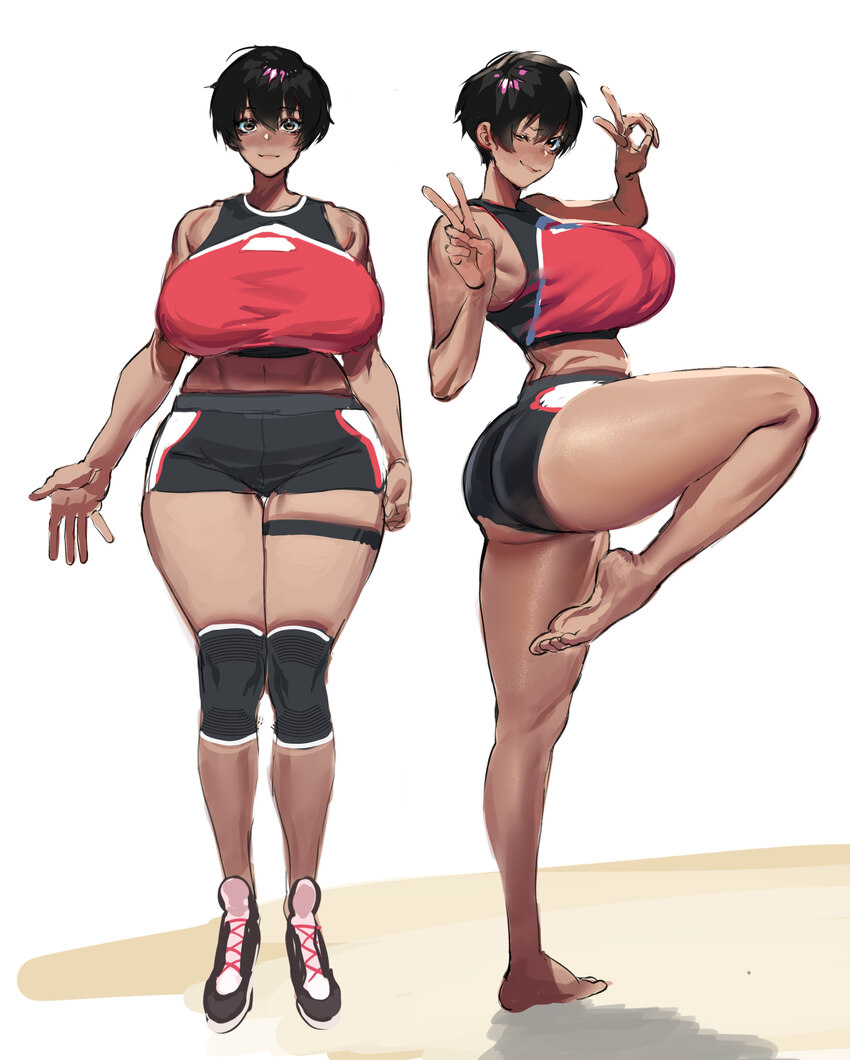 1girl absurdres arms at sides ass black hair breasts brown eyes dark-skinned female dark skin double v feet full body hair between eyes highres knee …