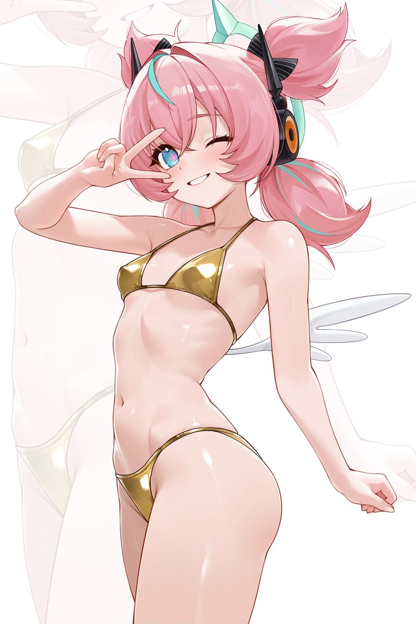 1girl absurdres alternate costume aqua streaks aria (human) (zenless zone zero) aria (zenless zone zero) bare shoulders bikini blue eyes blush breast…