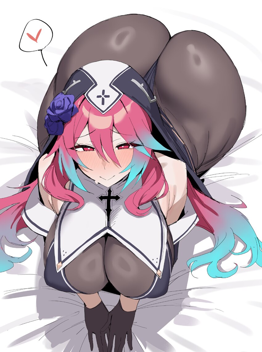 1girl absurdres aqua hair ass black gloves blush breasts commentary curvy gloves heart highres huge ass huge breasts liveruli long hair looking at vi…