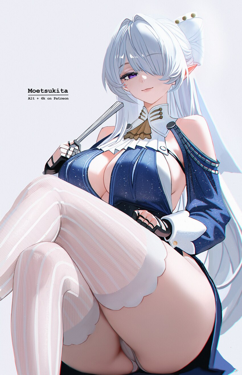 1girl absurdres ascot ass bare shoulders black gloves blue dress breasts center opening cleavage closed mouth commentary crossed legs dress english c…