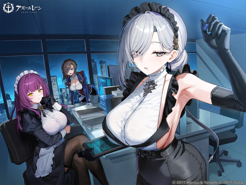 3girls apron ark royal (azur lane) azur lane black dress black gloves black skirt blood blood on clothes breasts brown hair cleavage closed mouth com…