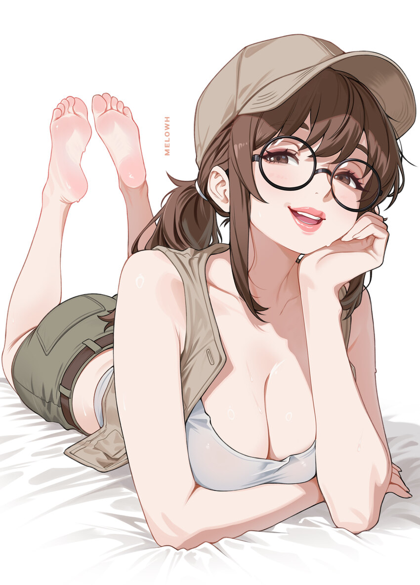1girl absurdres artist name barefoot bed sheet breasts brown eyes brown hair brown hat brown shorts brown vest cleavage crop top feet feet up field c…