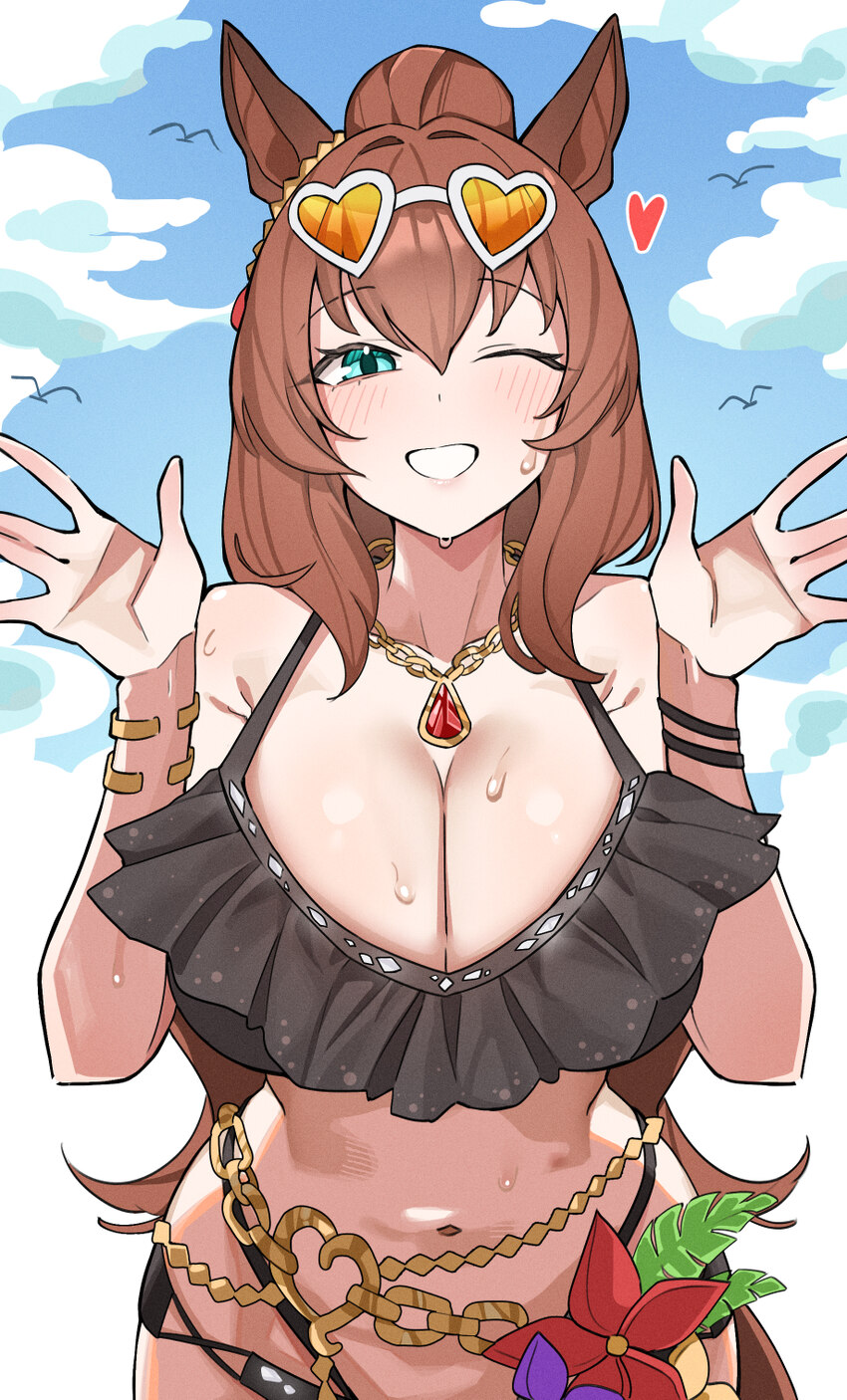 1girl absurdres ahti animal ears aqua eyes bikini black bikini blue sky blush breasts brown hair chain cleavage cloud cloudy sky commentary request d…