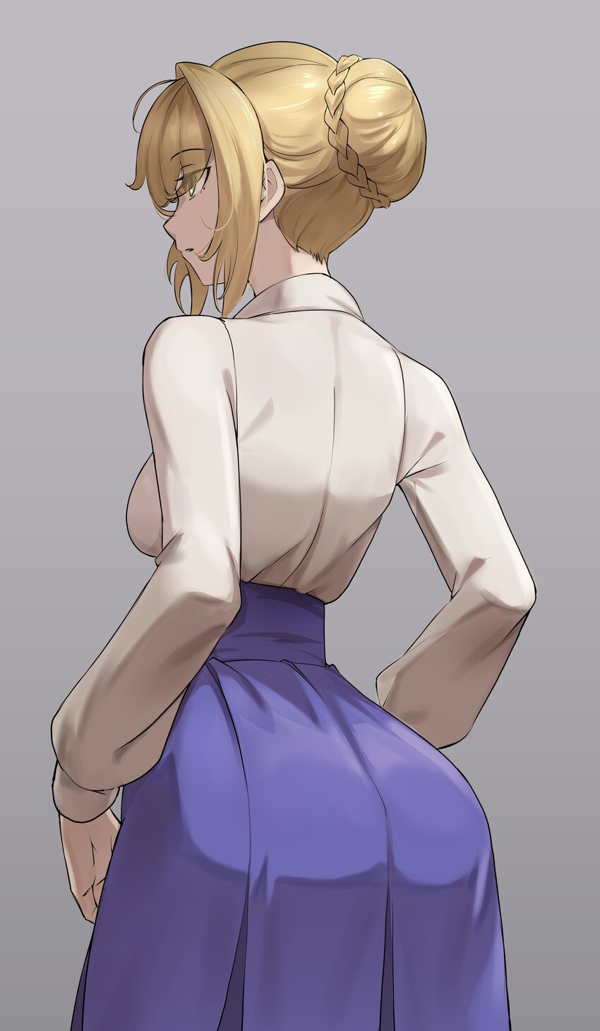 1girl absurdres ahoge artoria pendragon (fate) ass blonde hair blouse blue skirt braid braided base breasts bun with braided base collared shirt comm…