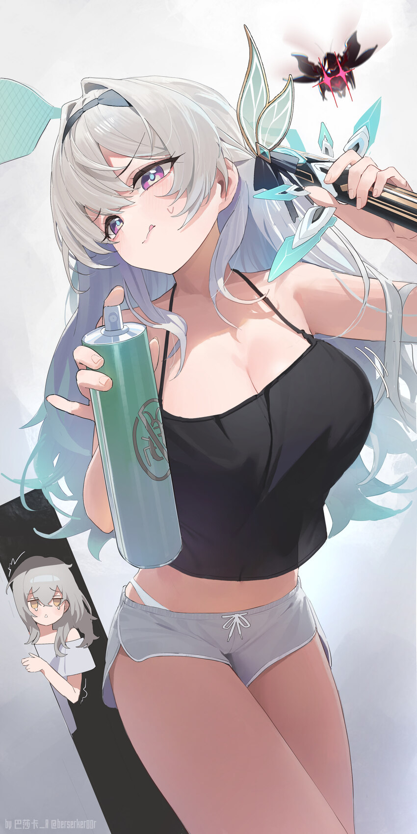 1girl absurdres alternate costume berserker r black camisole breasts bug spray camisole chinese commentary cleavage commentary request dolphin shorts…