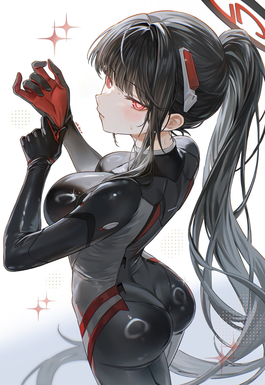 1girl absurdres adjusting clothes adjusting gloves ariko (aaaaarik) ass black bodysuit black hair black halo blue archive blunt bangs blush bodysuit …