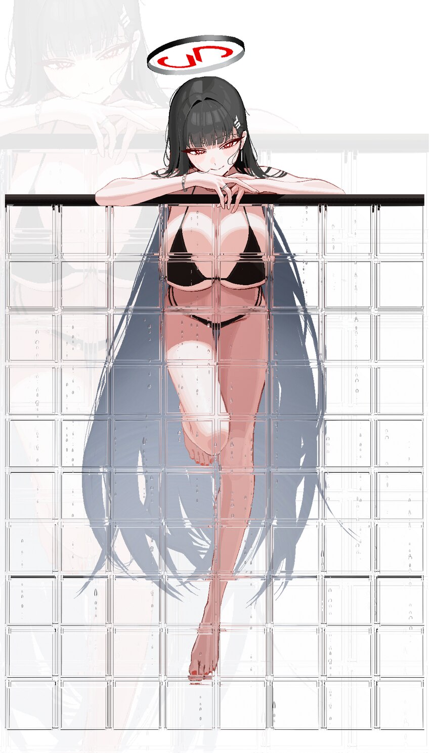 1girl absurdres against glass alternate costume anyak05 arm rest bare arms bare legs barefoot bikini black bikini black hair blender (medium) blue ar…