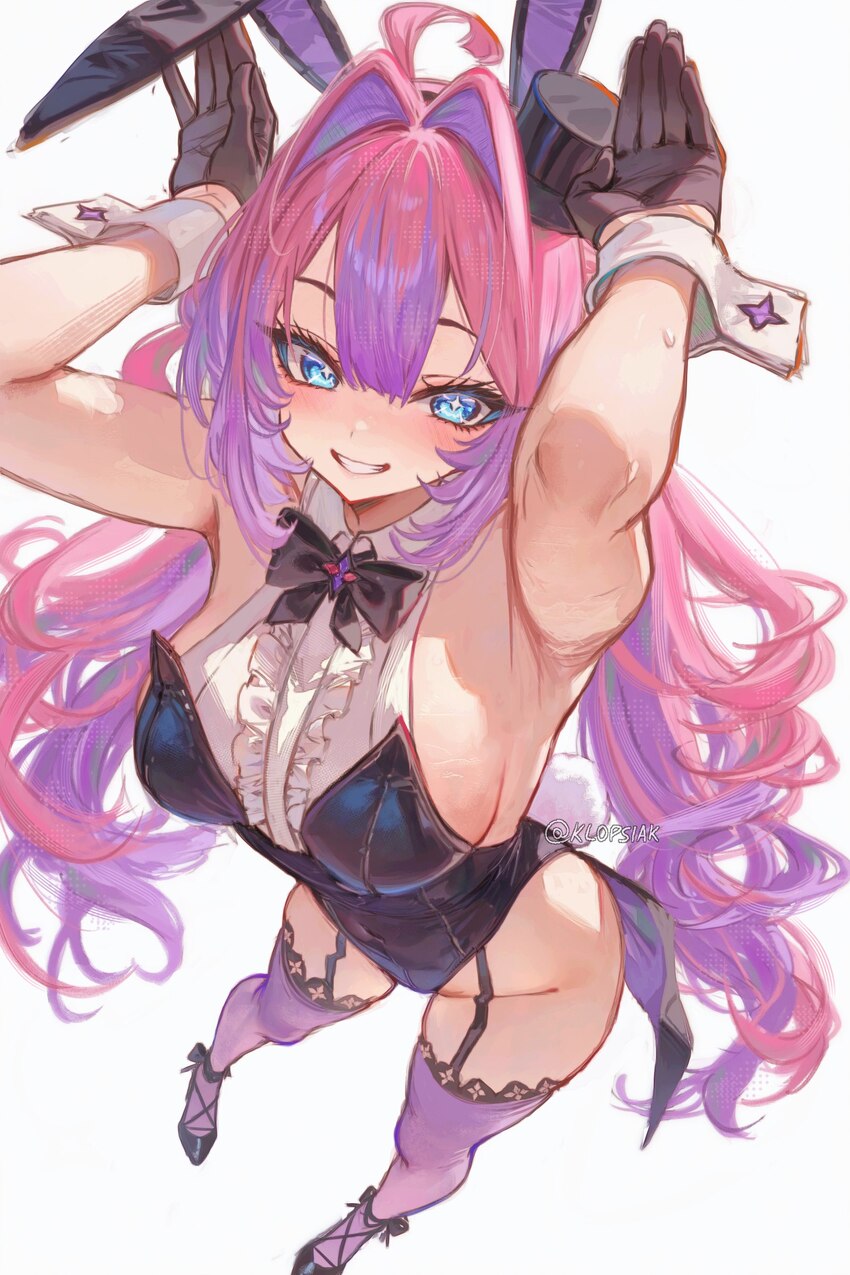 1girl animal ears armpits black bow black bowtie black garter straps black leotard black shoes blue eyes bow bowtie breasts commentary english commen…