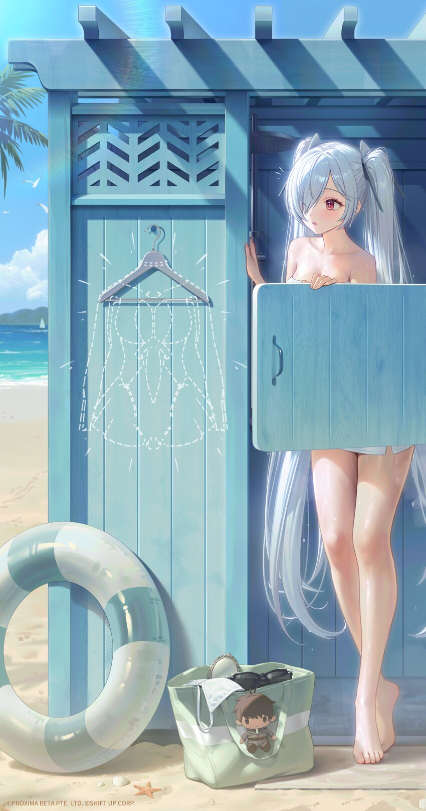 1girl absurdres alternate costume barefoot basket beach bird blue sky cinderella (nikke) clam shell clothes hanger cloud commander (nikke) commentary…