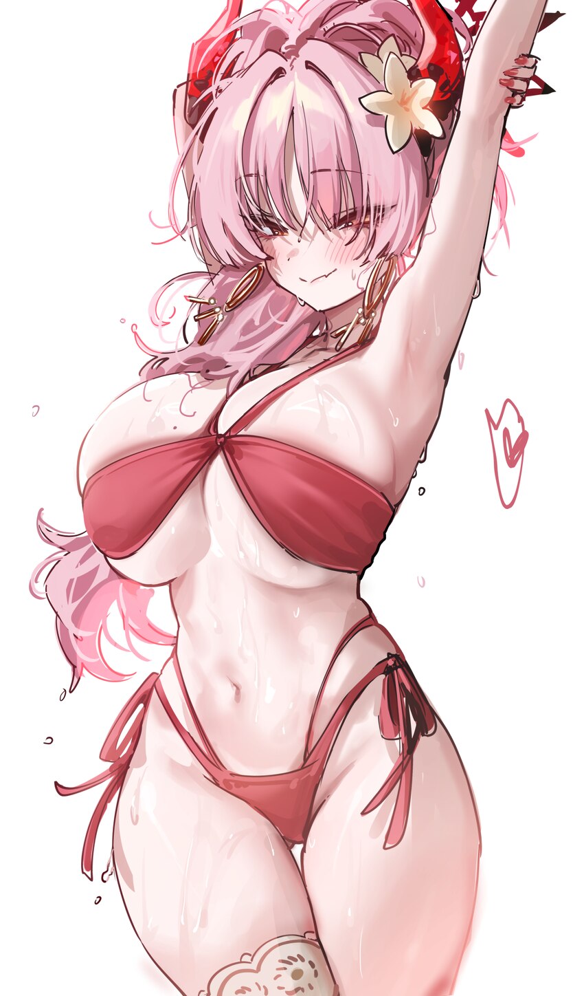 1girl armpits arms up bikini blue archive blush breasts commentary demon horns earrings fingernails groin halo halterneck heart highres hoop earrings…