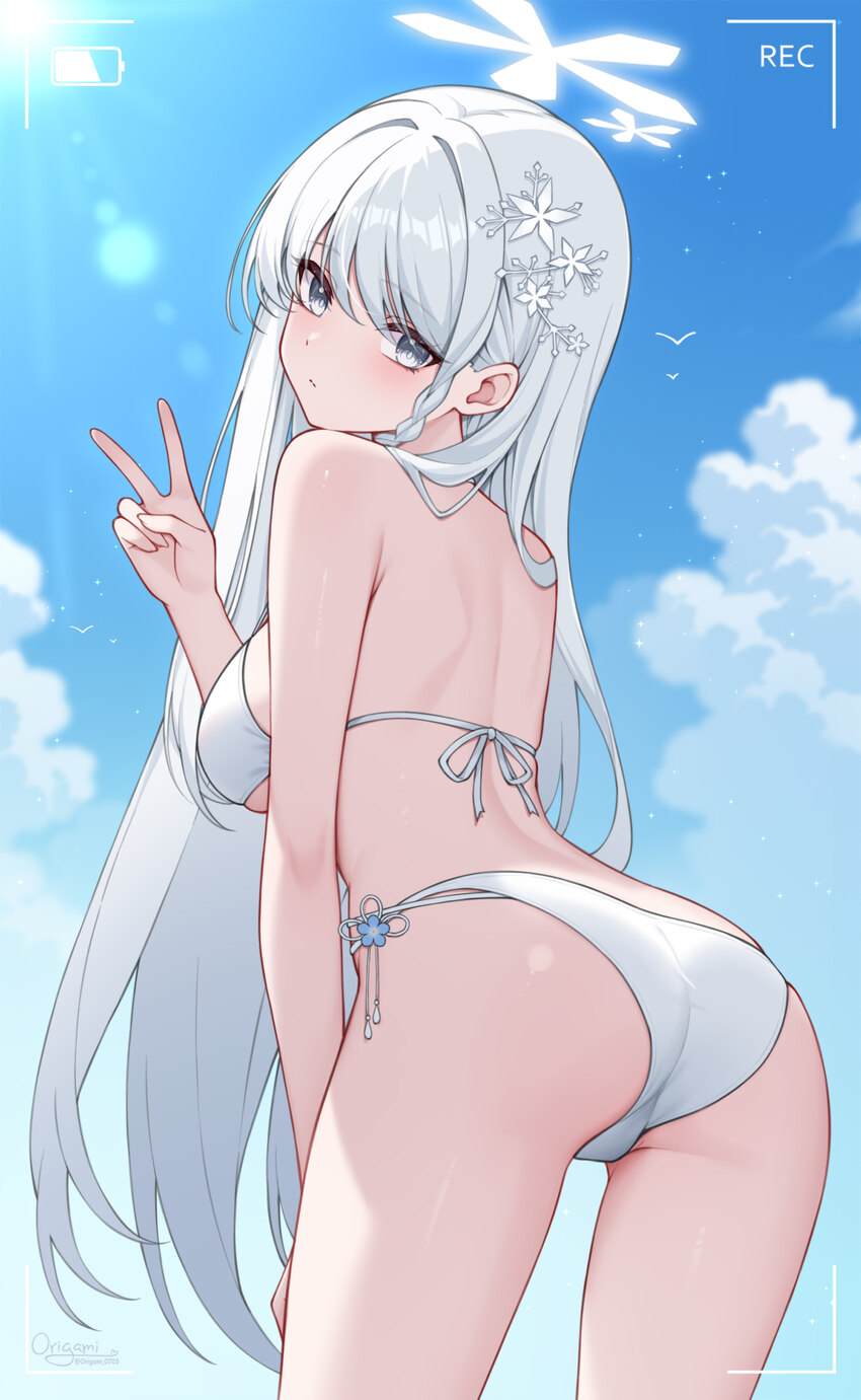 1girl absurdres ass bikini blue archive blue sky blush breasts closed mouth commentary request day from behind grey eyes halo hand up highres large b…
