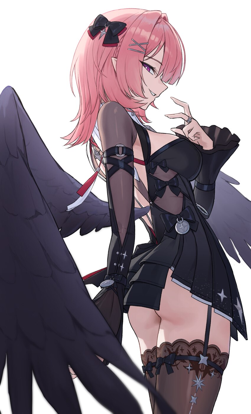1girl ass black bow black dress black wings bodystocking bow breasts brown thighhighs commentary cowboy shot dress from side garter belt gonplap grin…