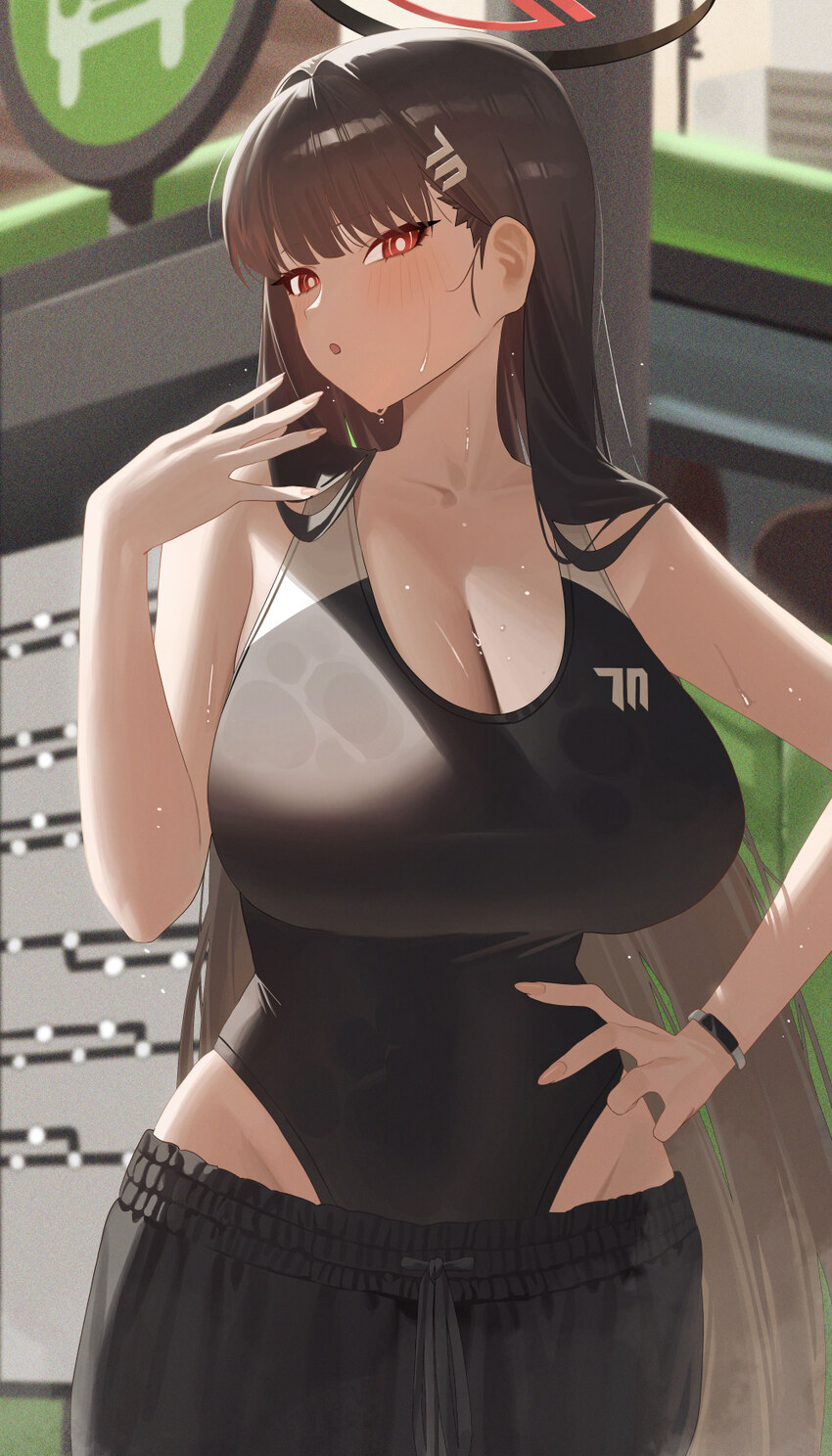 1girl  o absurdres alternate costume bare arms bare shoulders black hair black halo black one-piece swimsuit black shorts blue archive blunt bangs bl…