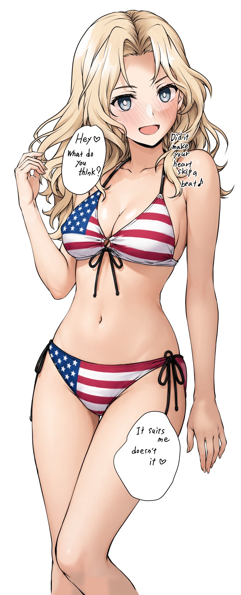 1girl american flag american flag bikini american flag print arm at side arm up bikini blue eyes blush breasts cleavage collarbone commentary request…
