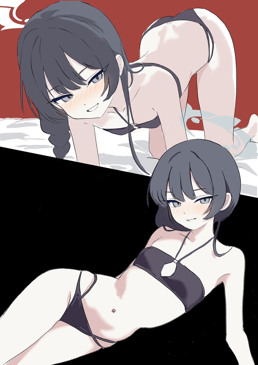 1girl all fours bare shoulders bikini black bikini black hair blue archive blush breasts commentary grin halo highres kamitosayu kisaki (blue archive…