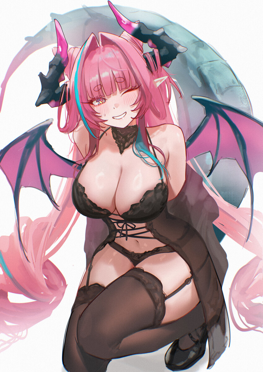 ) 1girl absurdres arknights arknights  endfield babydoll black babydoll black horns black panties black shoes black thighhighs blue hair breasts clea…