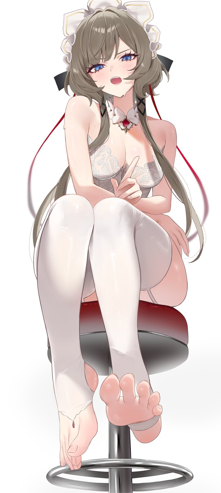 1girl absurdres bare shoulders blue eyes bra breasts commentary feet foot focus from below genshin impact grey hair highres large breasts looking at …