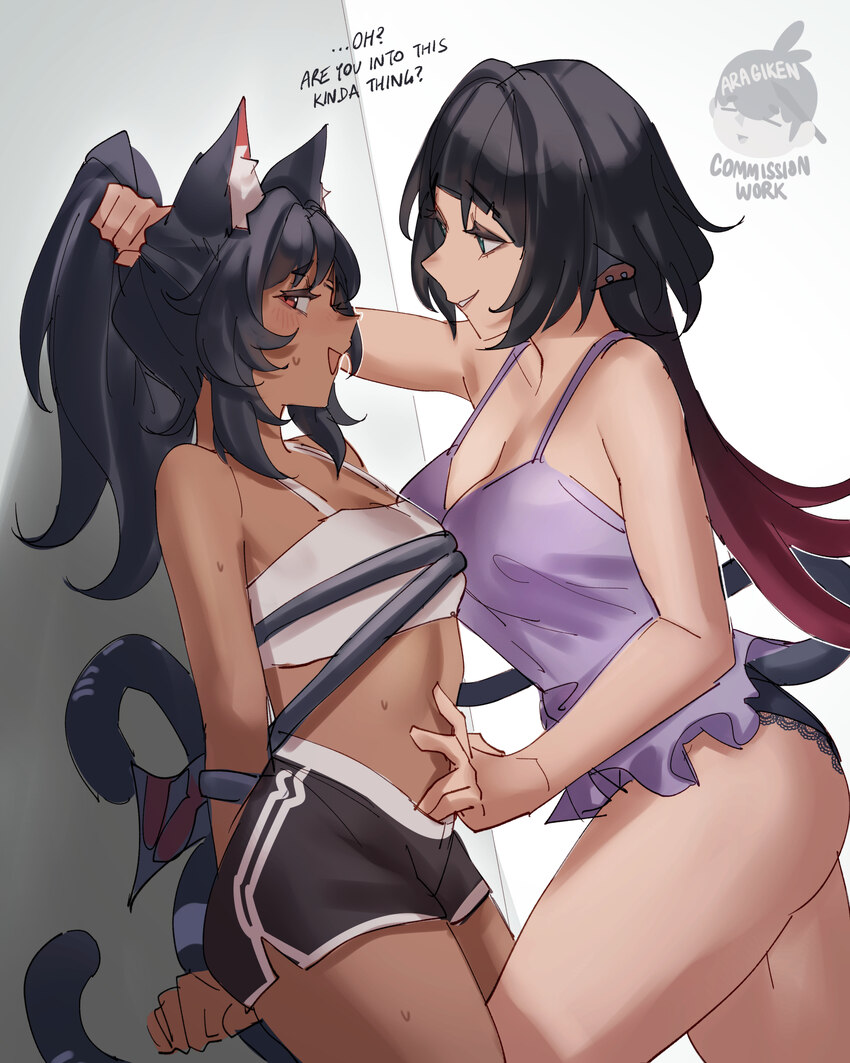 2girls animal ear fluff animal ears aragiken artist name black hair black panties black shorts blush bound breasts camisole cat ears cat girl cat tai…