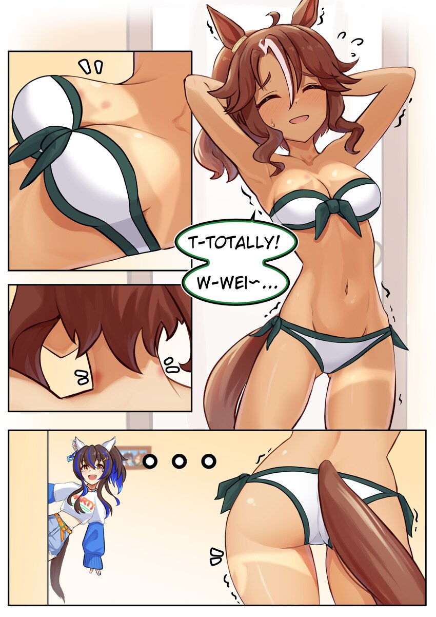... 2girls alternate costume animal ears arms up ass bandeau bikini blue hair blue streaks blue sweater blush breasts brown hair closed eyes comic co…