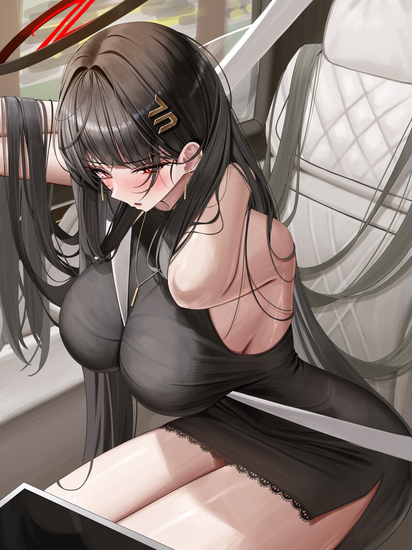 1girl absurdres alternate costume bare shoulders between breasts black dress black hair blue archive breasts bright pupils car interior commentary dr…