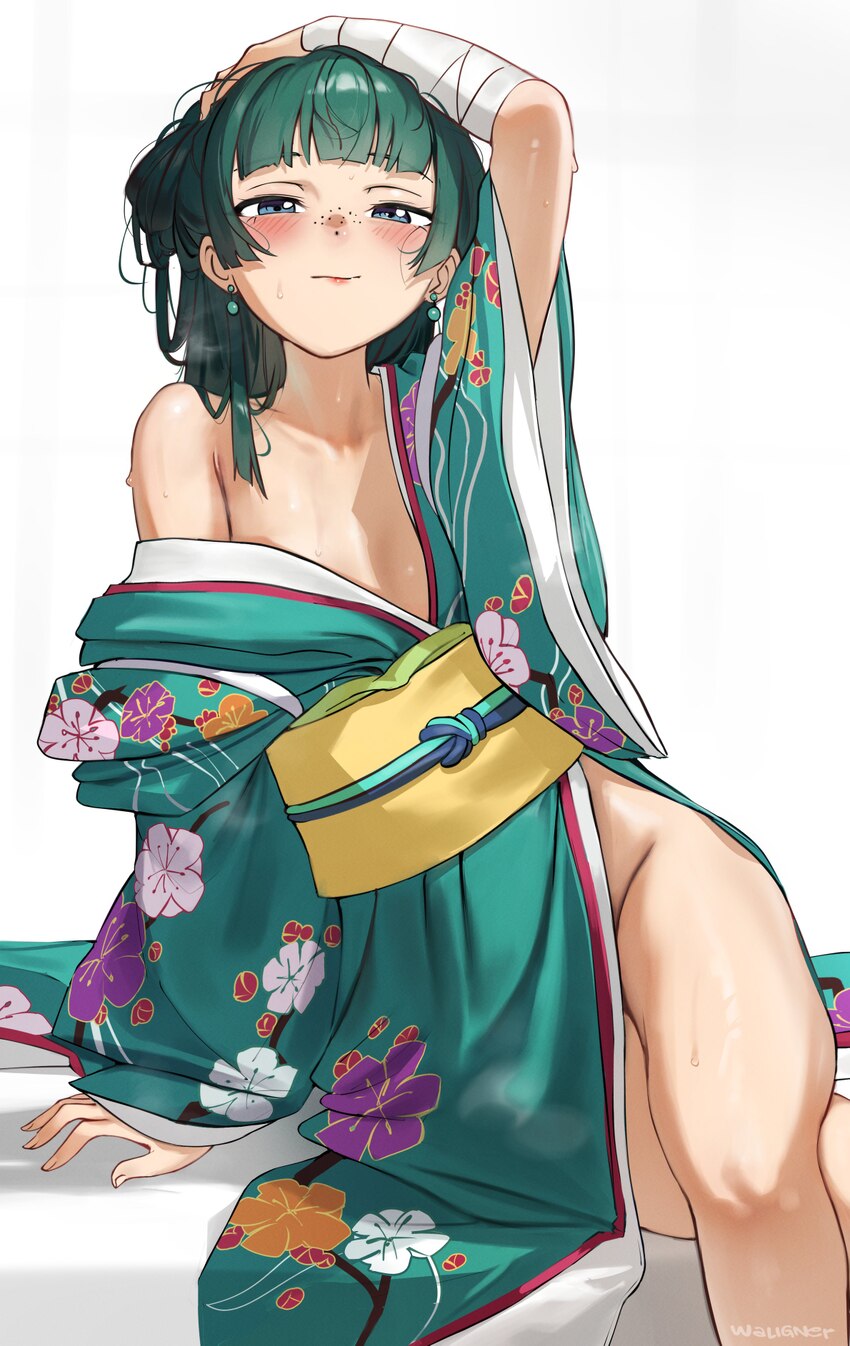 1girl absurdres aoqun blue eyes blunt bangs chinese clothes commentary freckles green hair green hanfu hair bun hair ornament hanfu highres kusuriya …