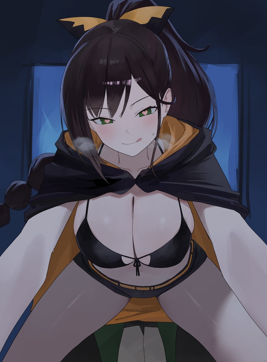 1boy 1girl  q absurdres bikini black bikini black cape black shorts braid braided ponytail breasts brown hair cape commentary girl on top green eyes …