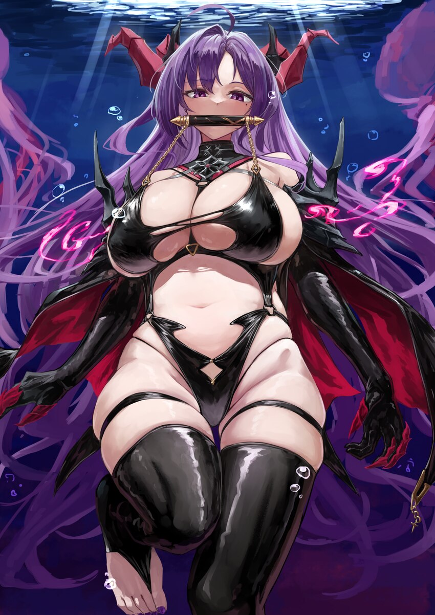 1girl azur lane between breasts bit gag black gloves black one-piece swimsuit black thighhighs breasts bubble commentary elbow gloves gag gagged glov…
