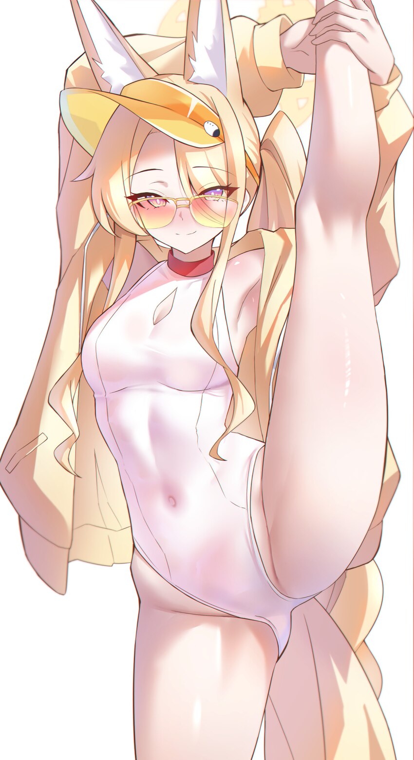 1girl absurdres animal ear fluff animal ears bare shoulders blonde hair blue archive blush breasts commentary covered navel fox ears fox girl hair ov…