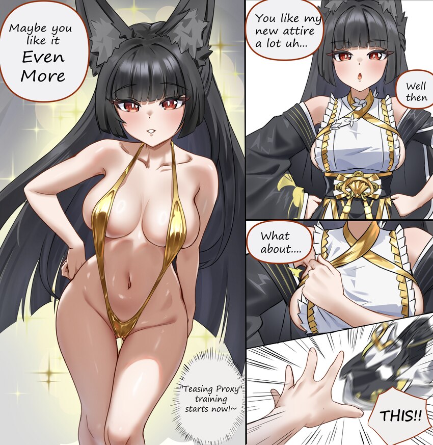 1girl absurdres alternate costume animal ear fluff animal ears bikini black hair breasts breasts apart collarbone comic commentary english commentary…
