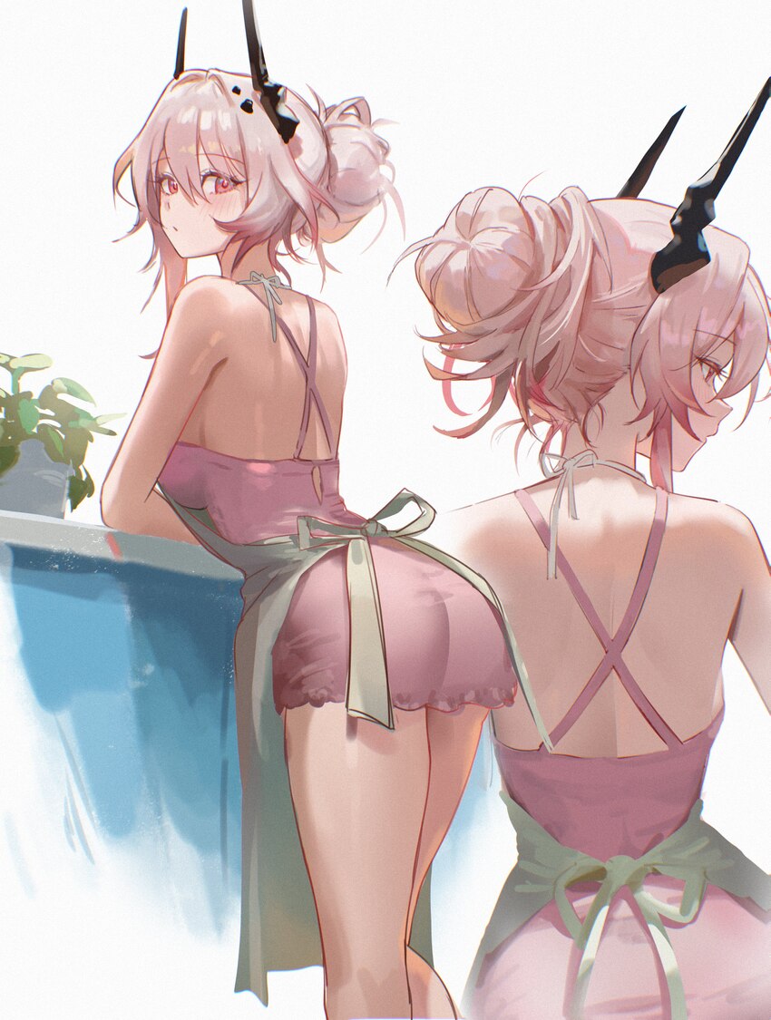 1girl absurdres alternate costume alternate hairstyle apron arknights ass back black horns blush breasts chemise commentary english commentary from b…