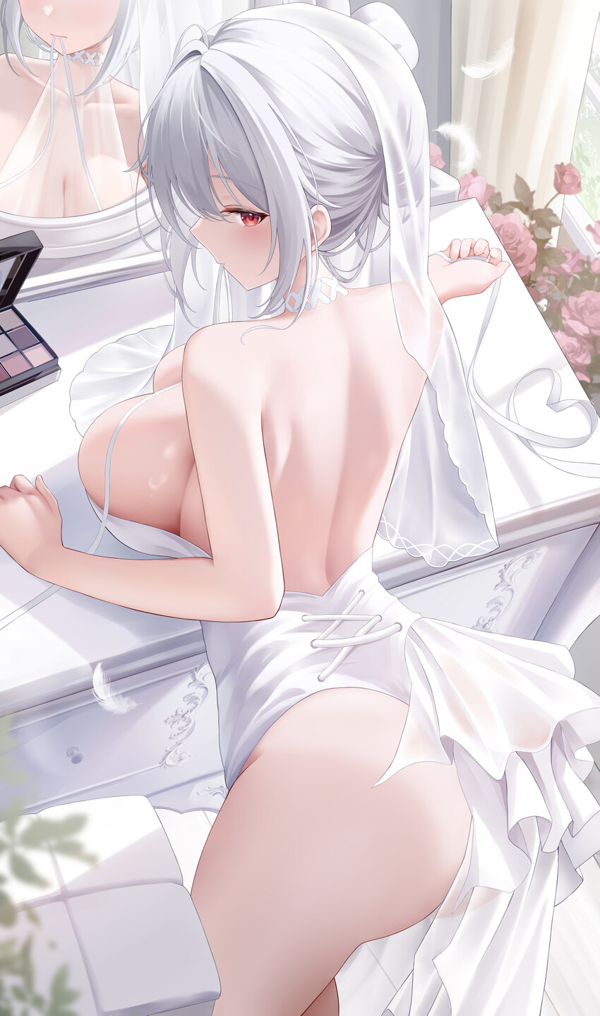 1girl absurdres ass azur lane bare shoulders blush breasts bridal veil commentary dress flower grey hair highres large breasts leotard looking at vie…