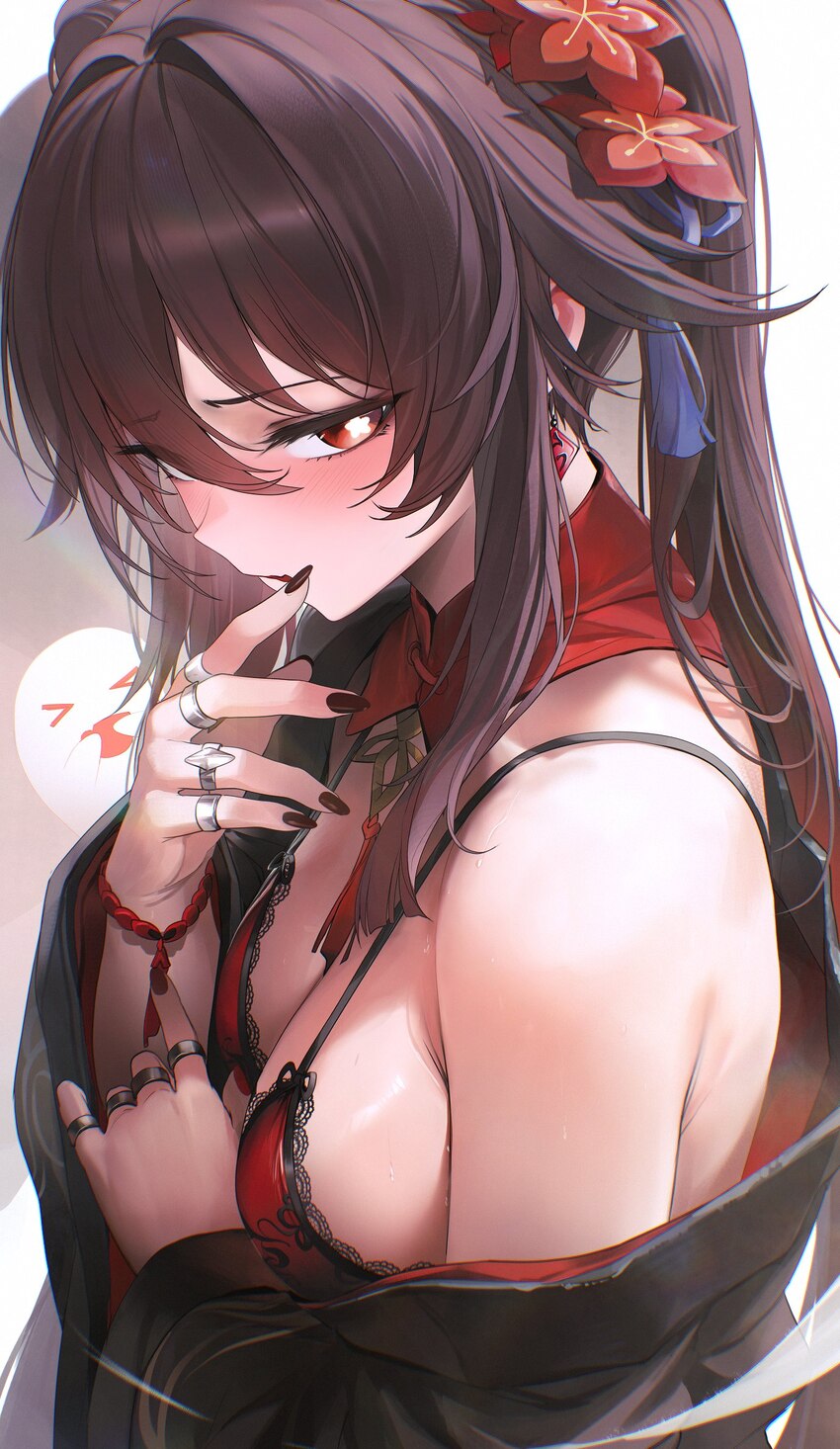 1girl bad id bad twitter id boo tao (genshin impact) bra breasts brown hair commentary flower genshin impact ghost grey background hair between eyes …