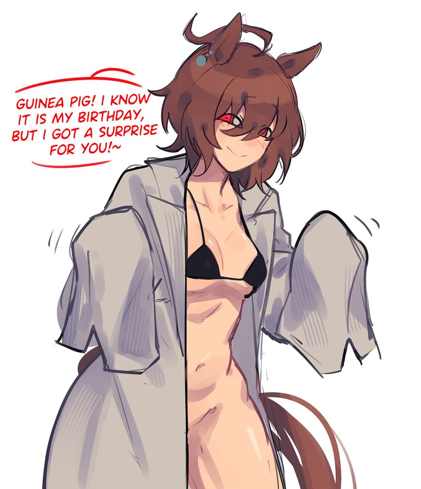 1girl 2ockyourdoors absurdres agnes tachyon (umamusume) ahoge animal ears bikini birthday black bikini bottomless breasts brown hair commentary earri…