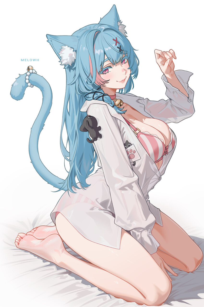 1girl absurdres animal ear fluff animal ears artist name barefoot bikini blue hair breasts cat ears cat girl cat tail closed mouth colored eyelashes …