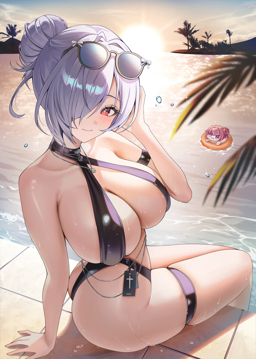 2girls absurdres ass ass focus bikini blush breasts choker cinderella (crystal wave) (nikke) cinderella (nikke) cleavage commentary dog tags doro (ni…